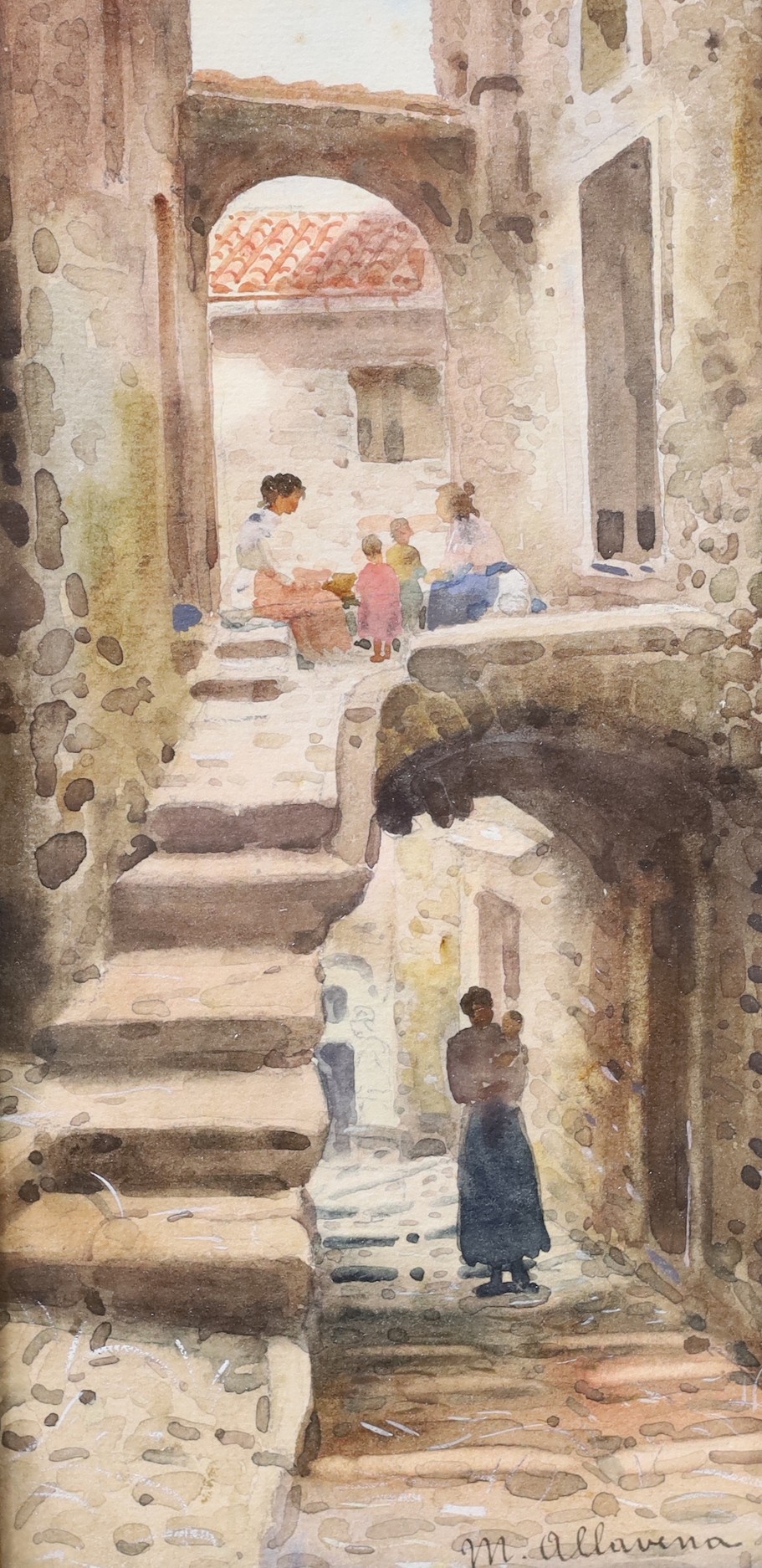 Michele Allavena (1863-1963), pair of watercolours, Neapolitan street scenes, signed, 25 x 12cm